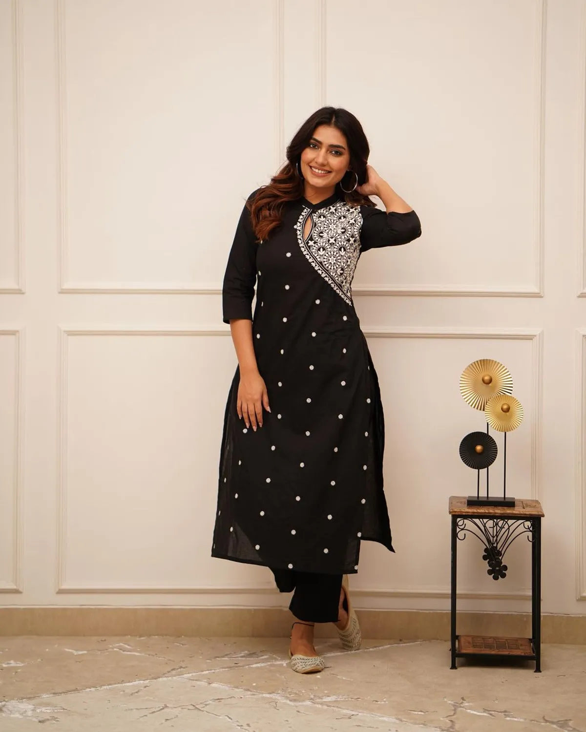 Kurta Black Embroidered Cotton Straight Kurta Set