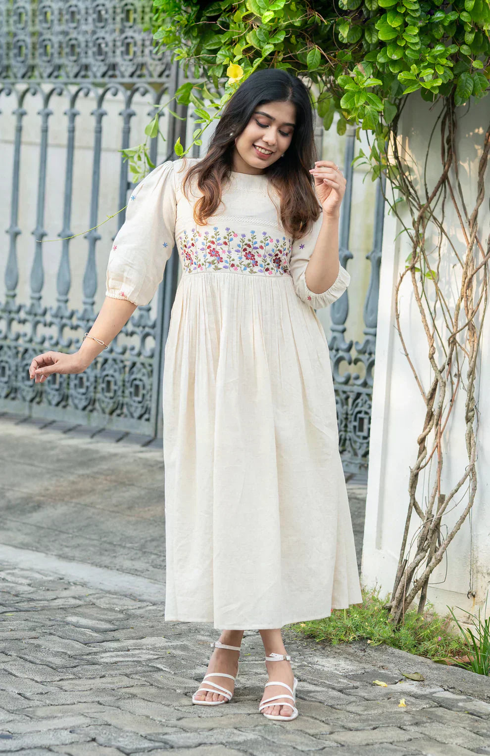 Off-White Flex Cotton Dress With Floral Embroidery And Crochet Lace Detailing On Yoke And Sleeves