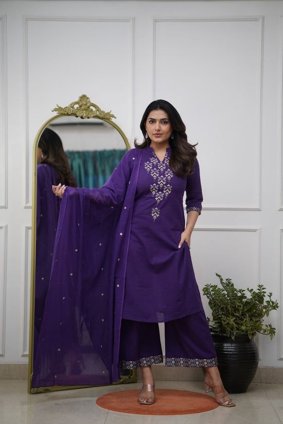 Kurta ALINE kurta set with Cotton Plazzo & Malmal Dupatta with embroidery work