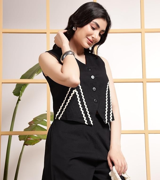 Kurta Women Indo Western Waist Coat With White Zigzag Lace Trousers Co-Ords Set