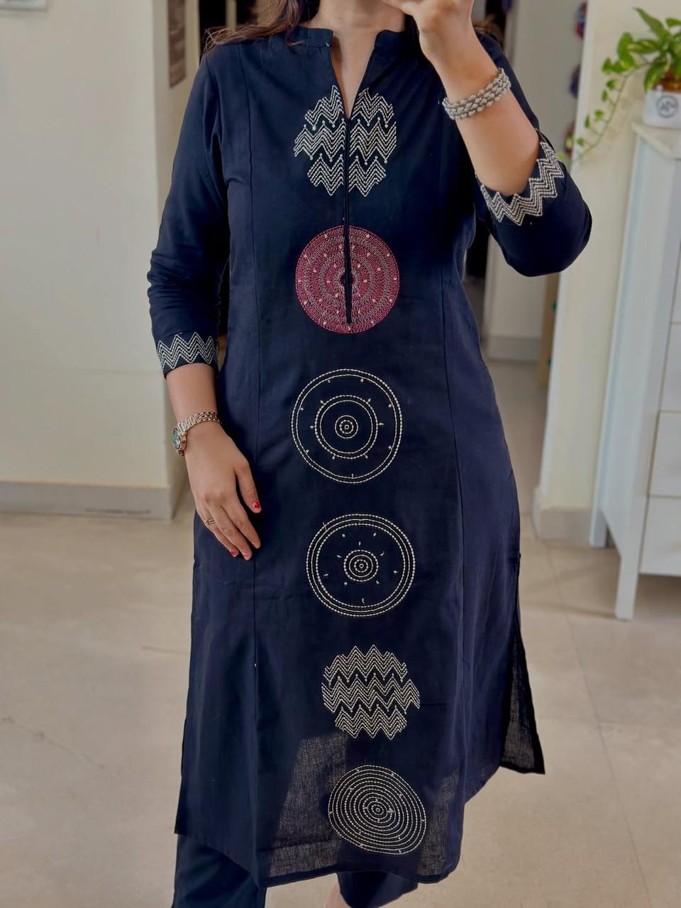 Kurta Black color cotton embroidered suit set