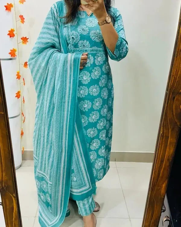 Kurta Aqua Blue Floral Cotton Suit Set With Printed Dupatta