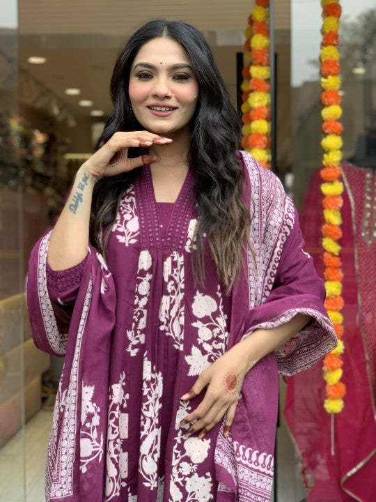 Women Cotton Wine Kurta Pant And Dupatta Set