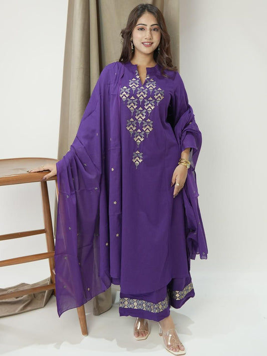Kurta ALINE kurta set with Cotton Plazzo & Malmal Dupatta with  embroidery work