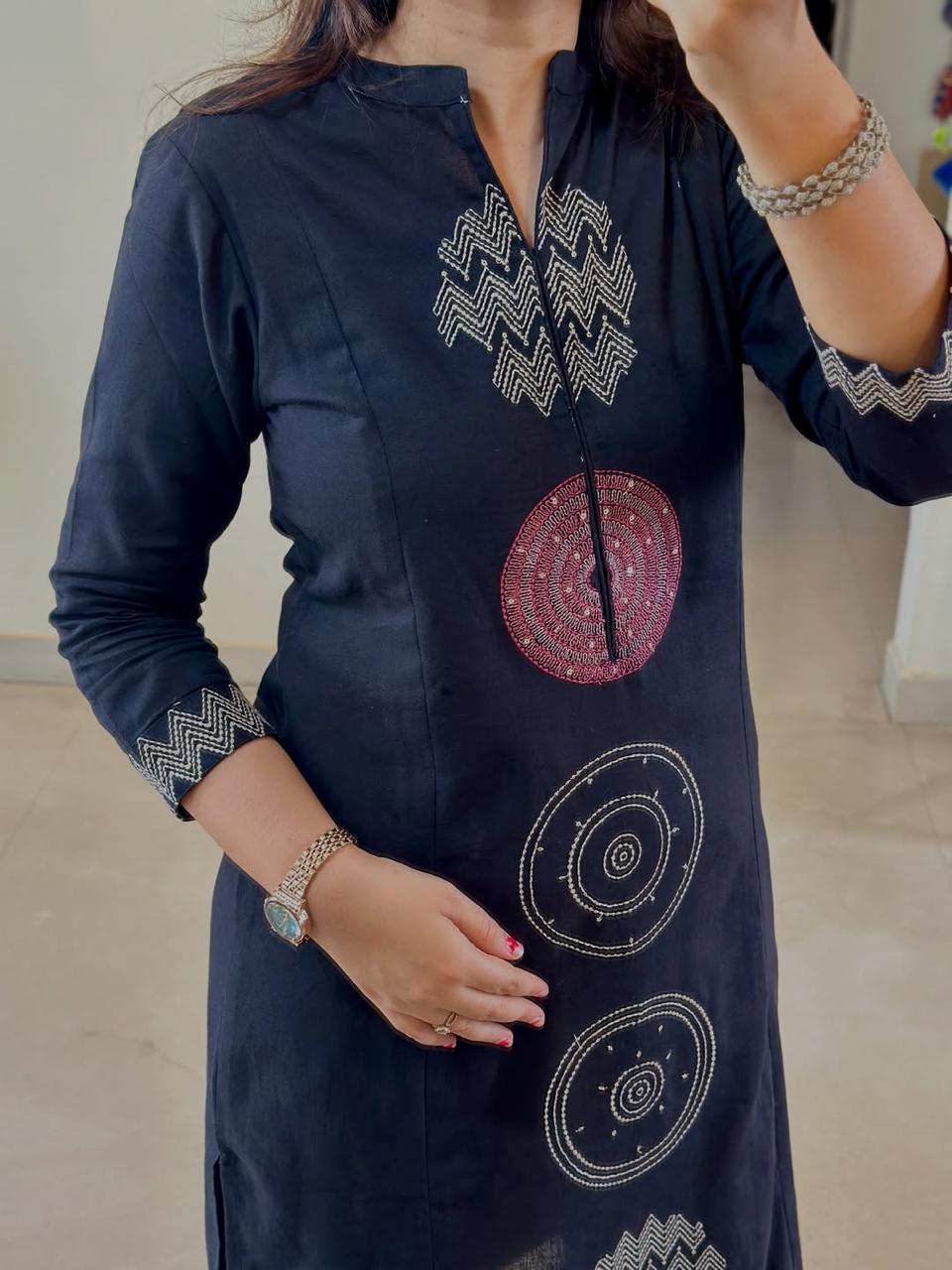 Kurta Black color cotton embroidered suit set