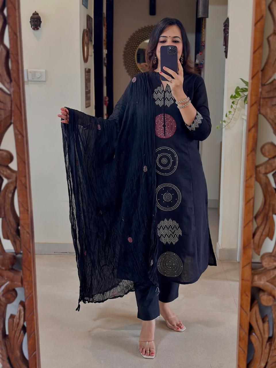 Kurta Black color cotton embroidered suit set