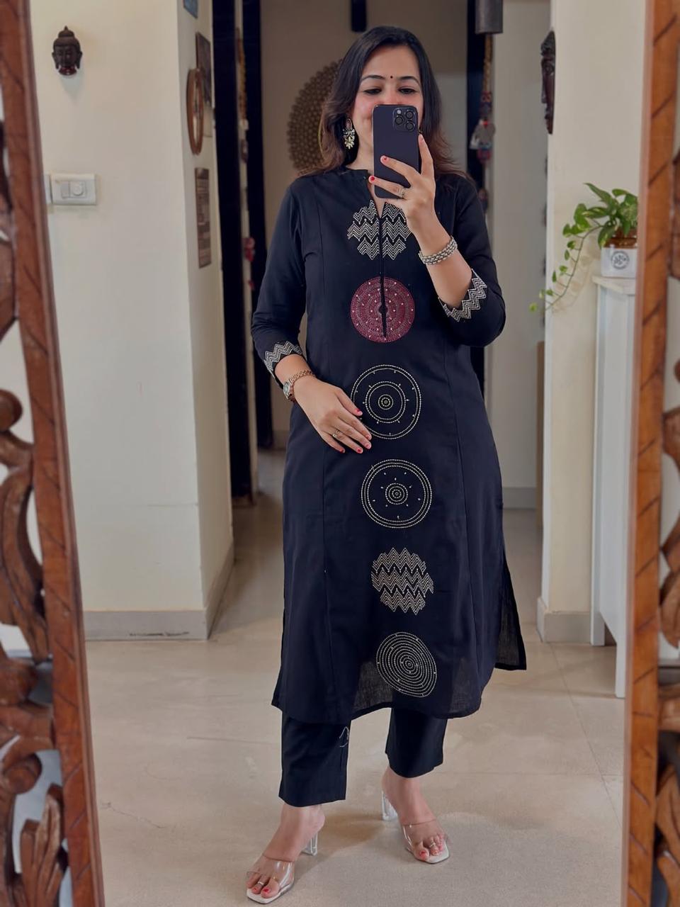 Kurta Black color cotton embroidered suit set